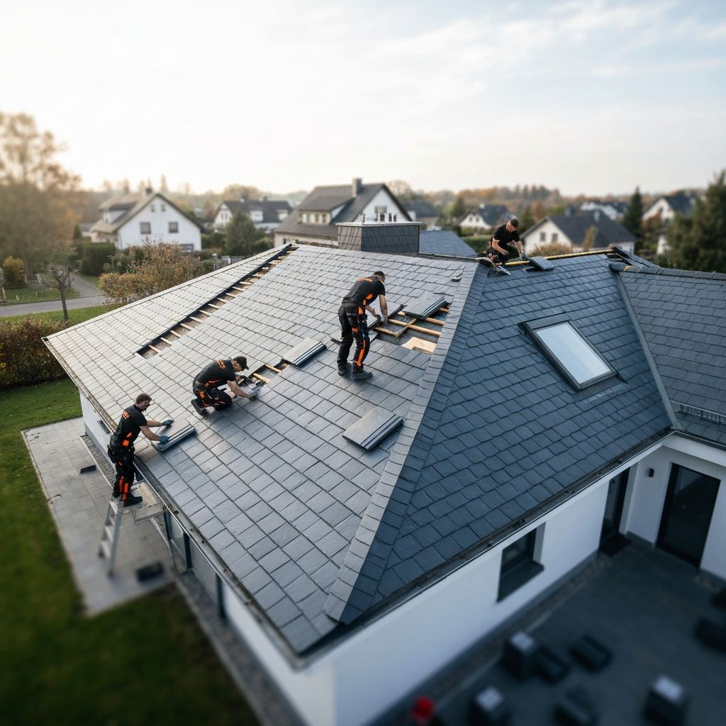4Kant Dachdecker bei der Arbeit auf einem Dach in N\u00FCrnberg